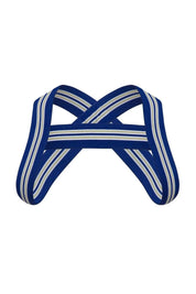 Royal blue harness with white and gray stripes, crisscross design, men's fashion accessory
