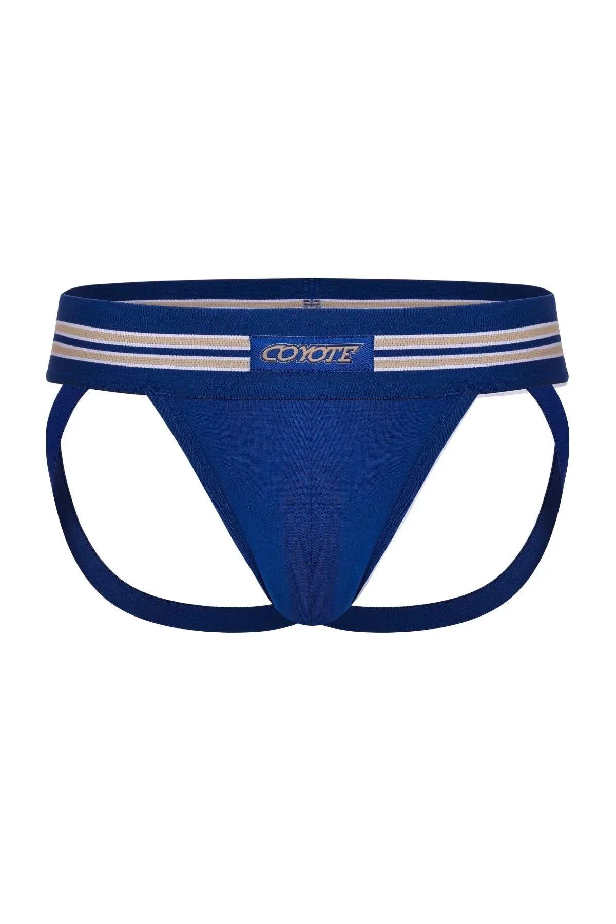Royal blue men's jockstrap with supportive pouch and striped waistband on white background