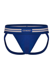 Royal blue men's jockstrap with supportive pouch and striped waistband on white background