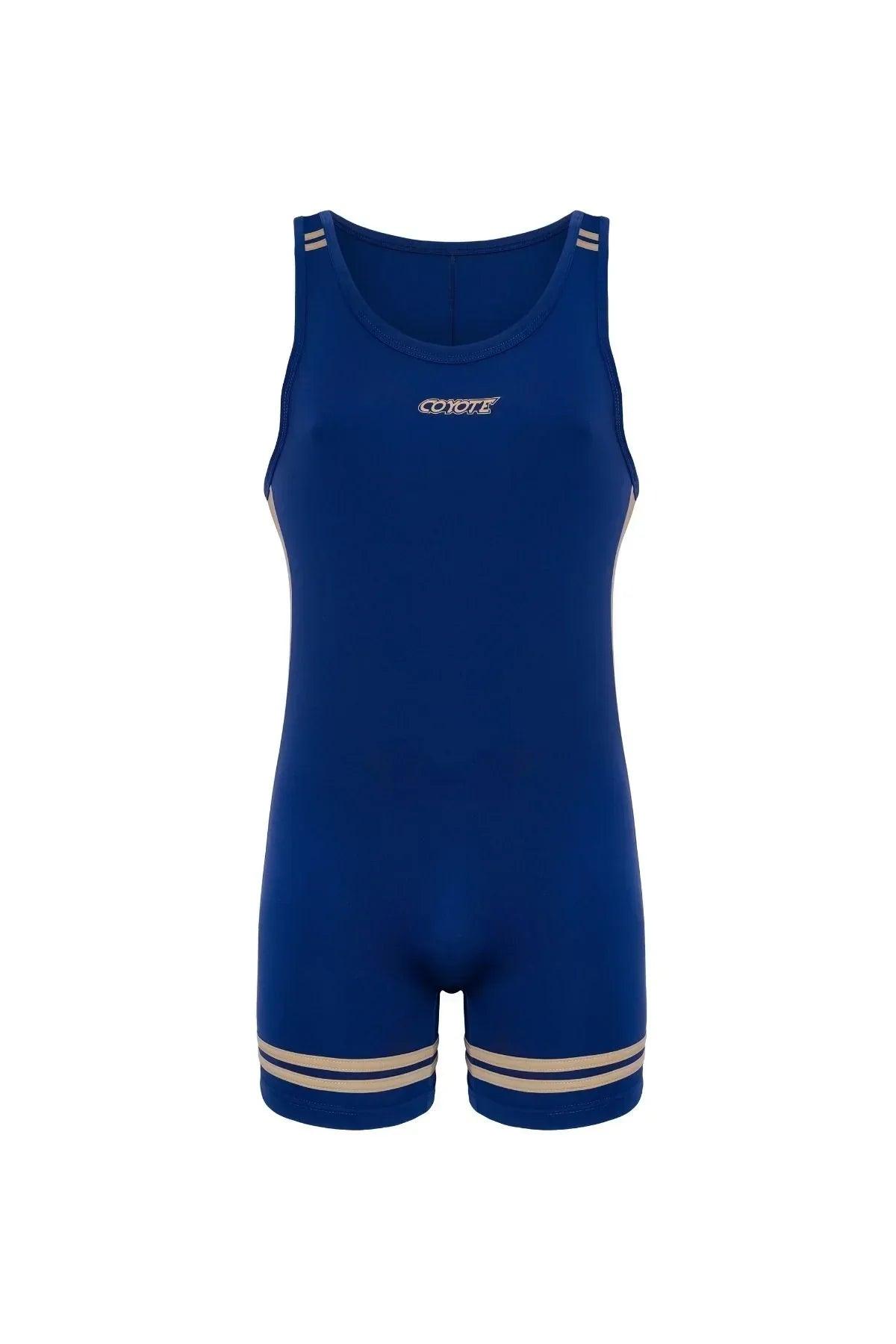 Royal blue men's singlet with gold stripes and logo, athletic sportswear style