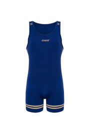 Royal blue men's singlet with gold stripes and logo, athletic sportswear style
