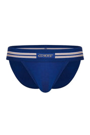 Royal blue men's sport brief with white striped waistband and front logo patch
