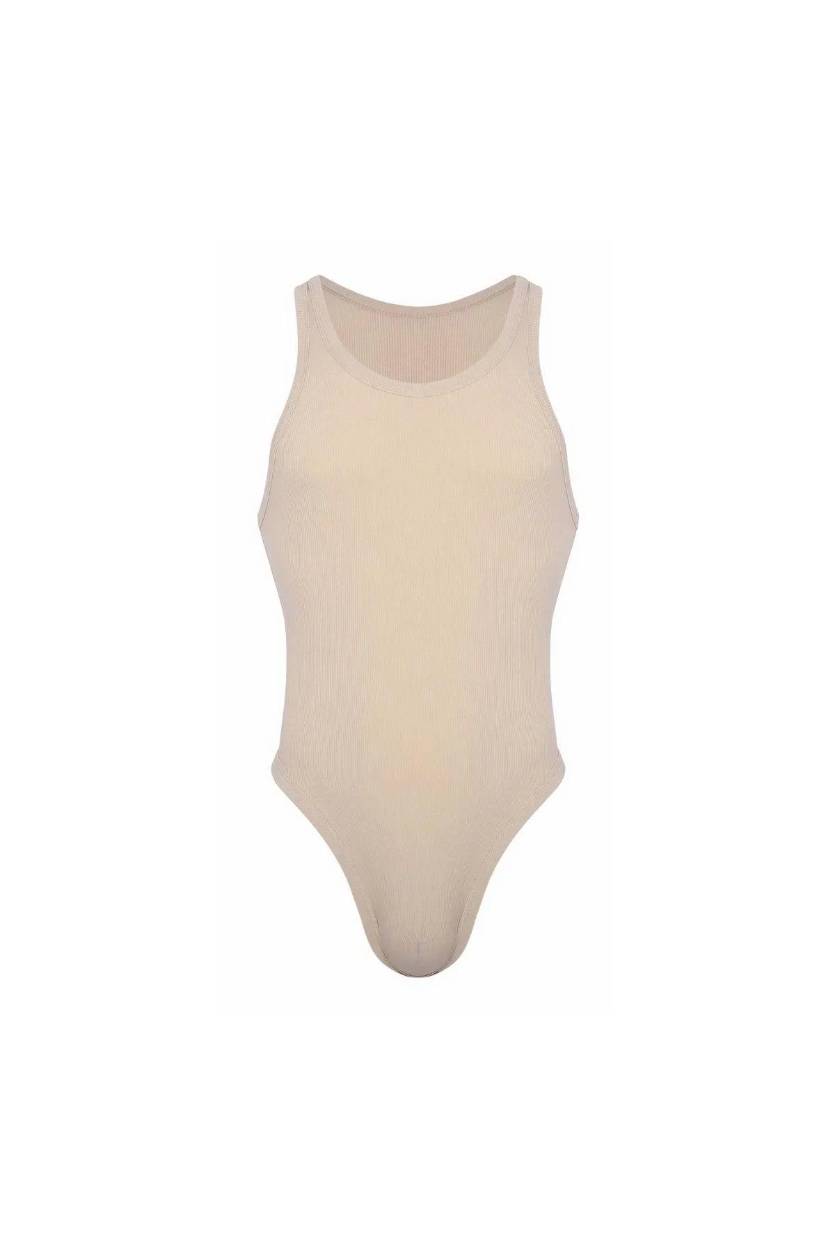 Sand beige ribbed men's bodysuit with tank top cut and high-cut leg openings.