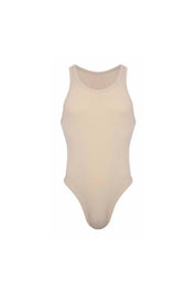 Sand beige ribbed men's bodysuit with tank top cut and high-cut leg openings.
