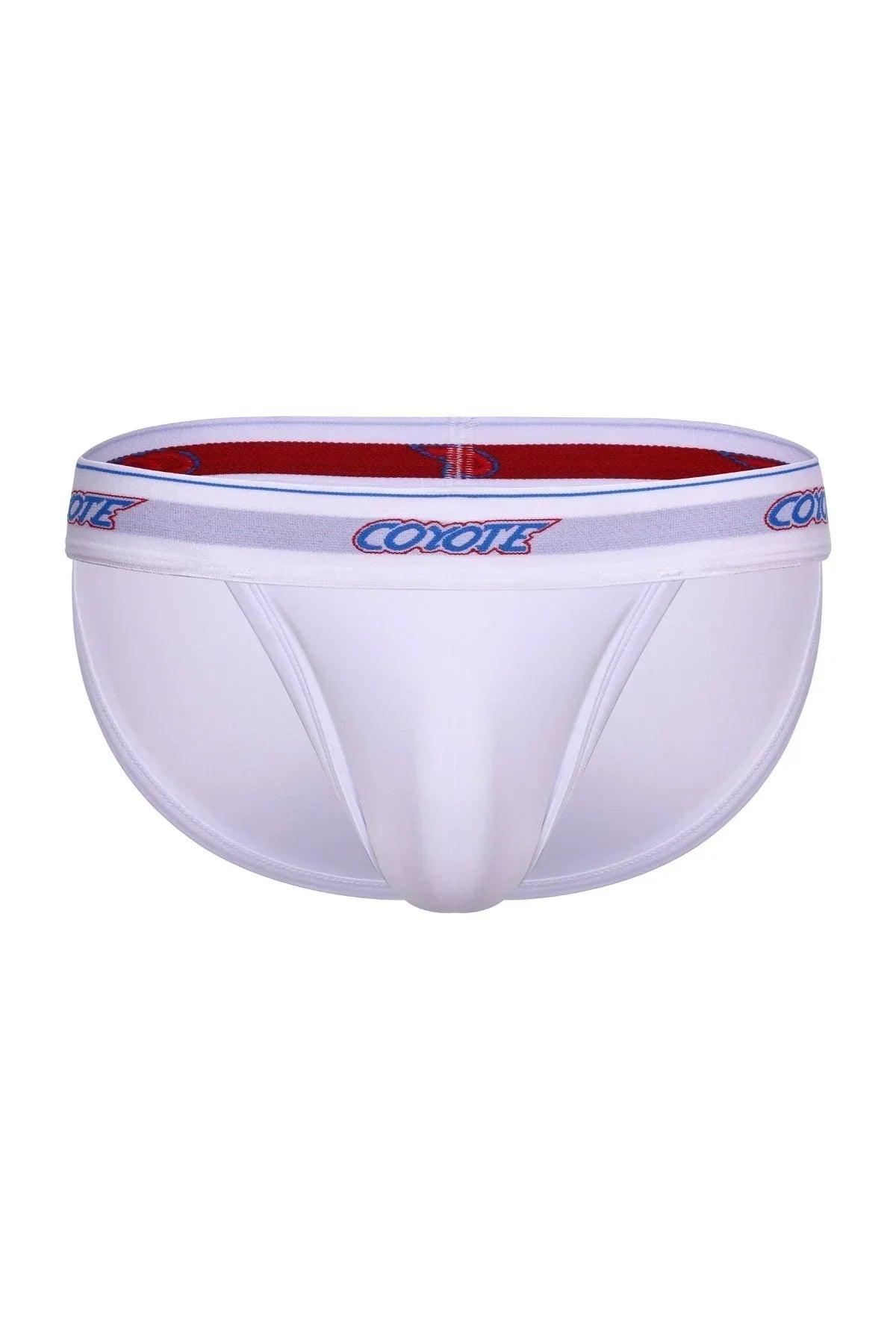 White men's sport brief underwear with contoured pouch and logo waistband, isolated view