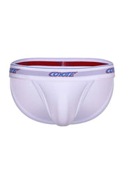 White men's sport brief underwear with contoured pouch and logo waistband, isolated view