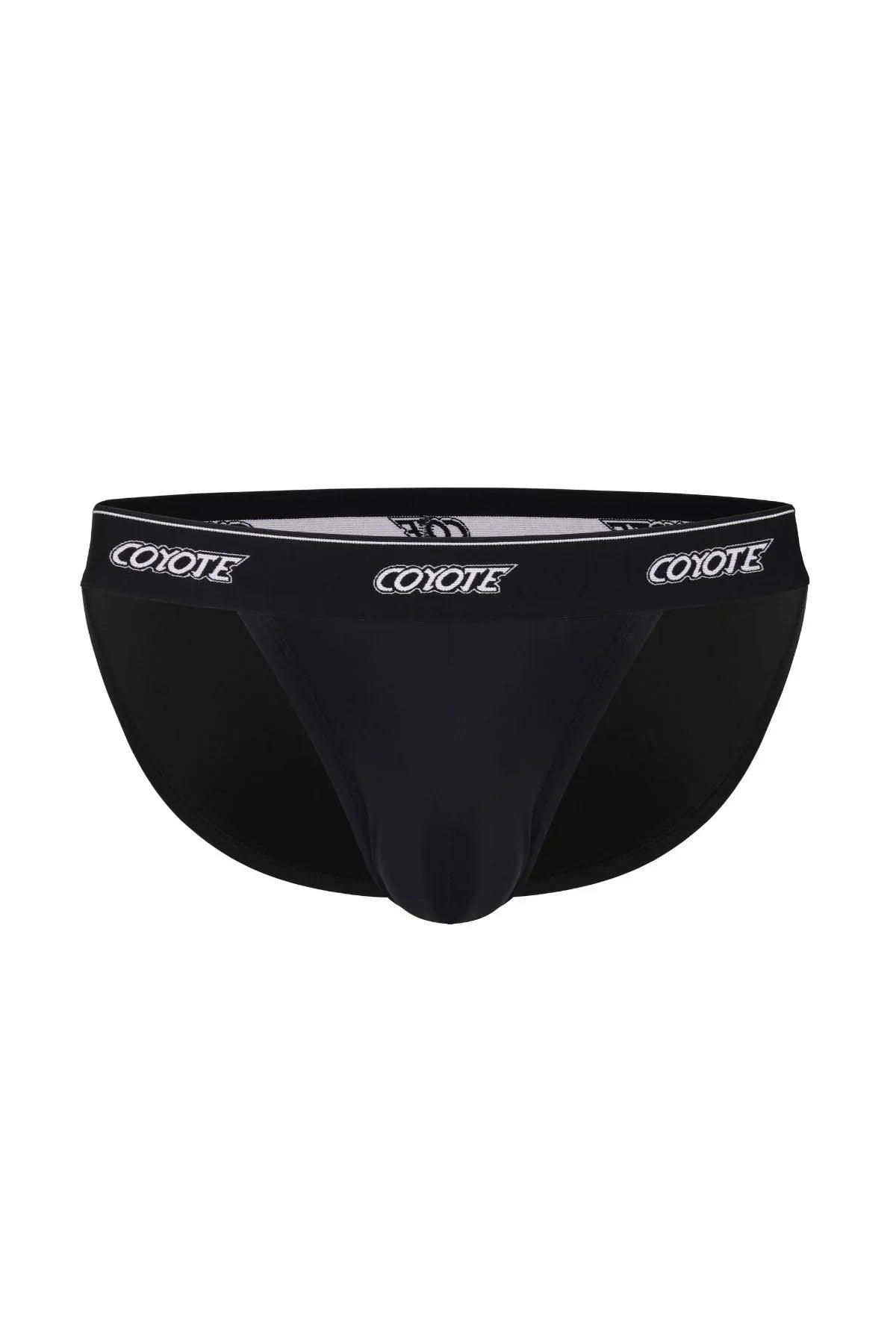Black men's sport brief underwear with white logo waistband, front view on white background