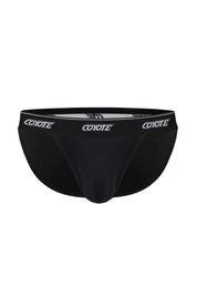 Black men's sport brief underwear with white logo waistband, front view on white background