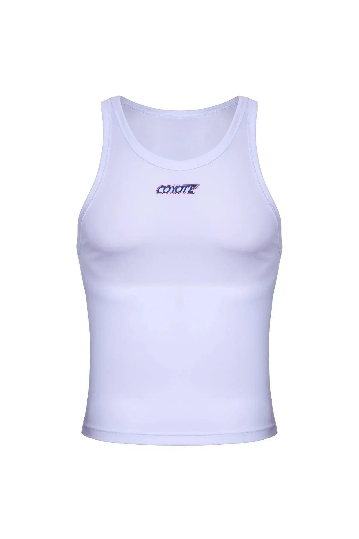 White men's sport crop tank top with logo, sleeveless athletic cut, front view.