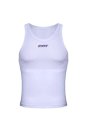 White men's sport crop tank top with logo, sleeveless athletic cut, front view.