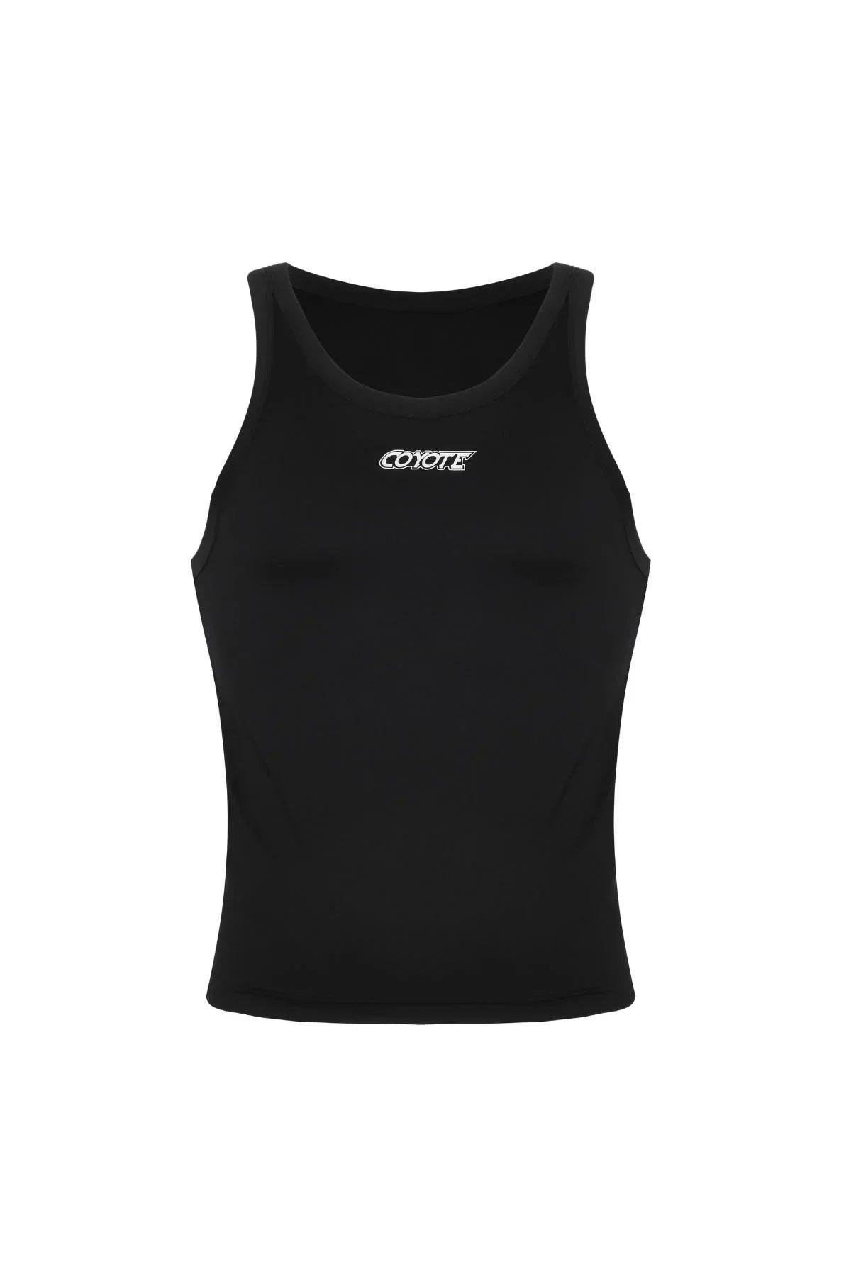 Black men's sport crop tank with logo, sleeveless athletic top on white background