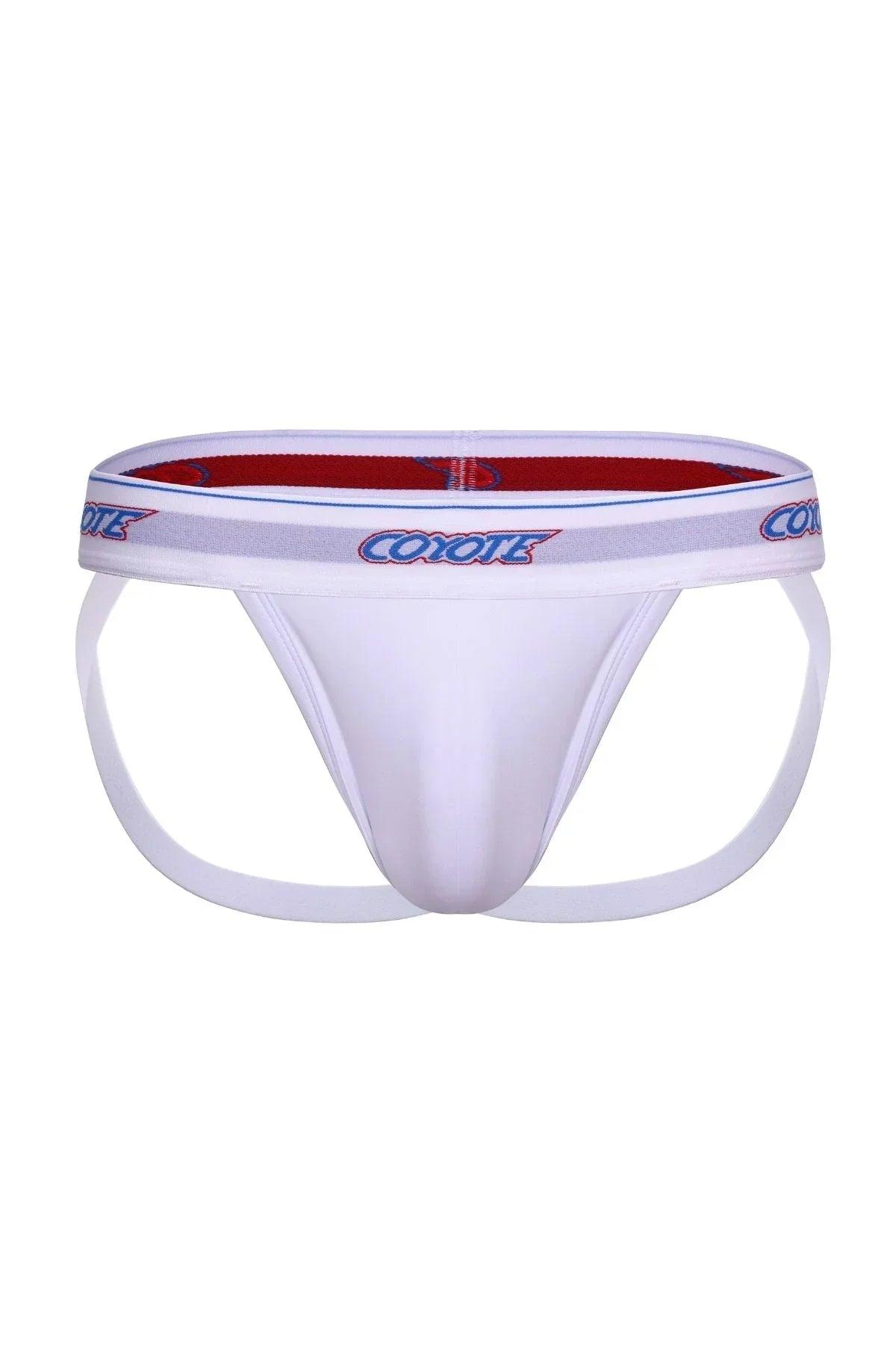 White men's sport jockstrap with logo waistband and elastic straps, front view.