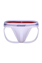 White men's sport jockstrap with logo waistband and elastic straps, front view.