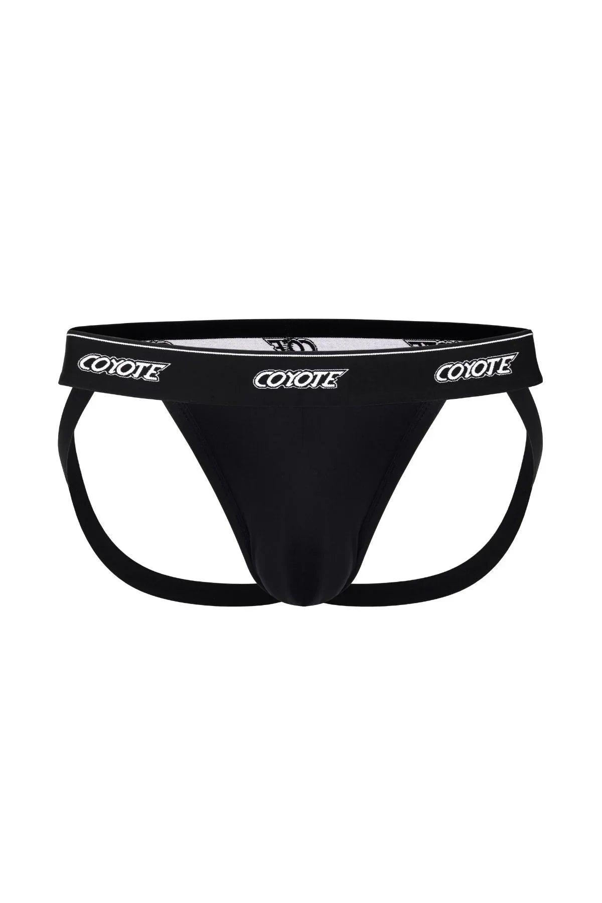 Black sport jockstrap with white logo waistband and supportive straps for men