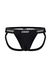 Black sport jockstrap with white logo waistband and supportive straps for men