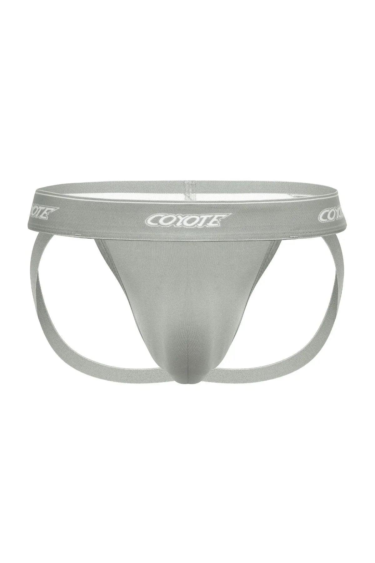 Steel grey sport jockstrap with supportive pouch and logo waistband on white background