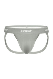 Steel grey sport jockstrap with supportive pouch and logo waistband on white background