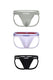 Three men's jockstraps in grey, white, and black with bold logo waistbands, front view.
