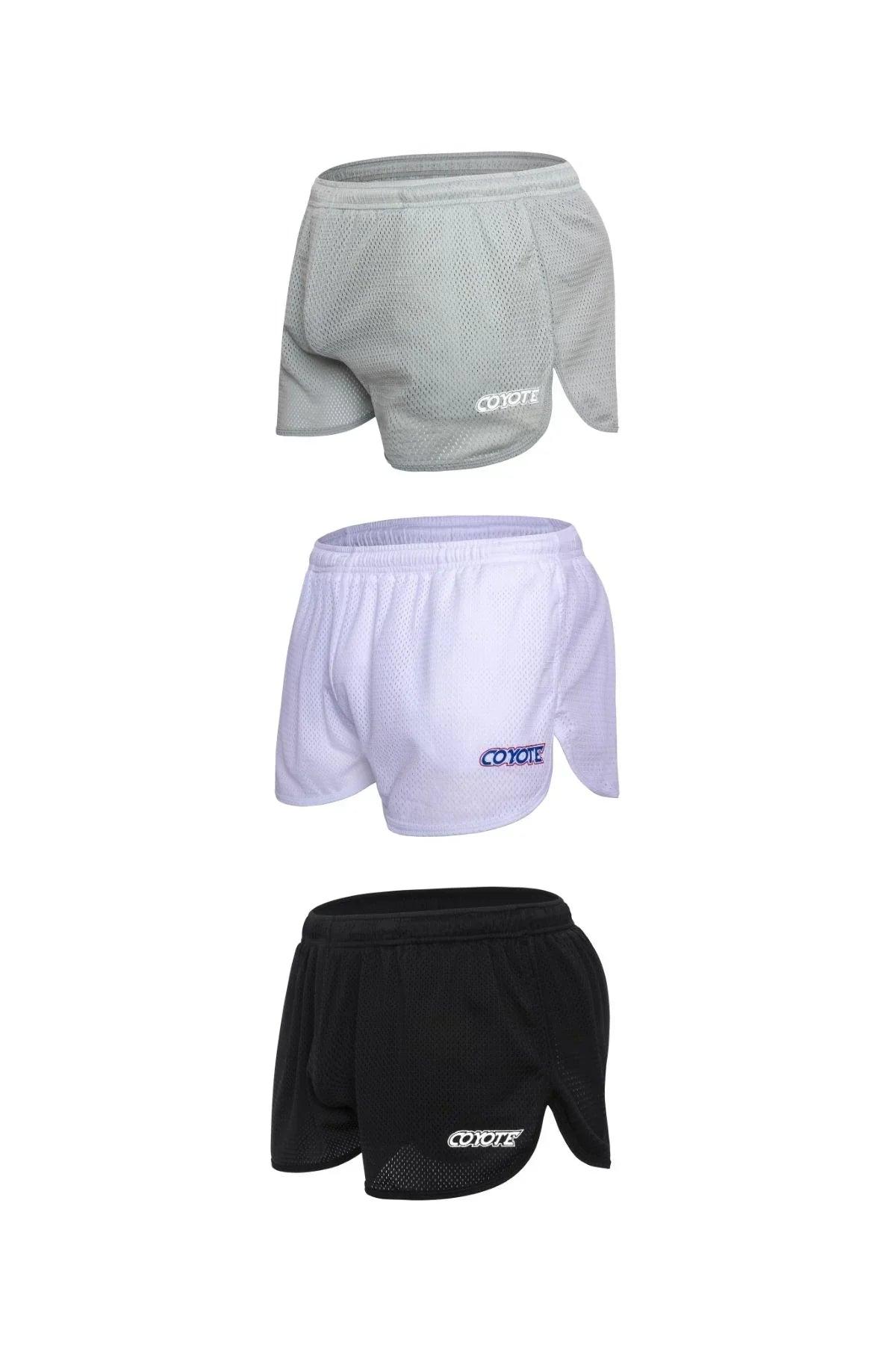 Men’s mesh sports shorts in grey, white, and black, featuring a side split and logo print.