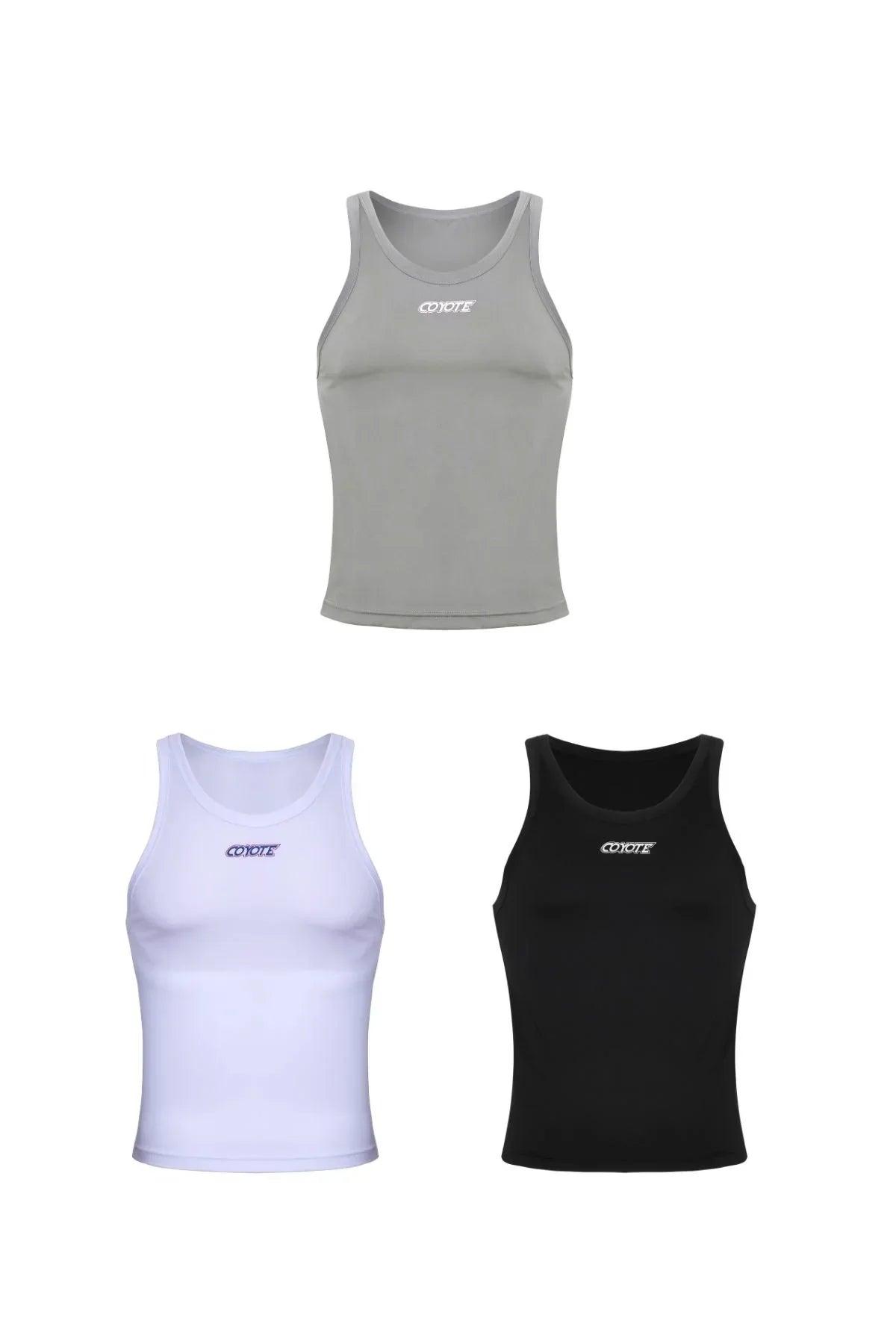 Men's athletic tank tops in gray, white, and black with fitted design and front logo.