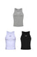Men's athletic tank tops in gray, white, and black with fitted design and front logo.