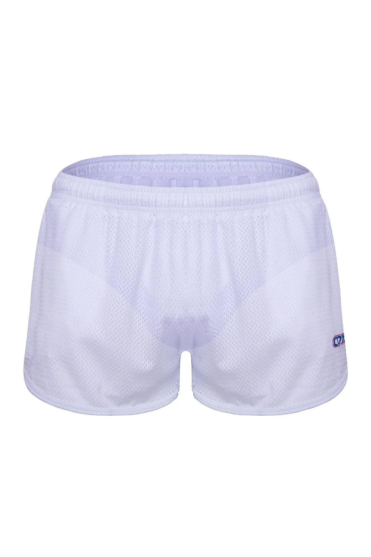 White mesh men’s sports shorts with elastic waistband and small logo on leg