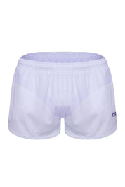 White mesh men’s sports shorts with elastic waistband and small logo on leg