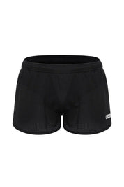 Black mesh sport shorts with a short inseam and subtle logo detail on the hem