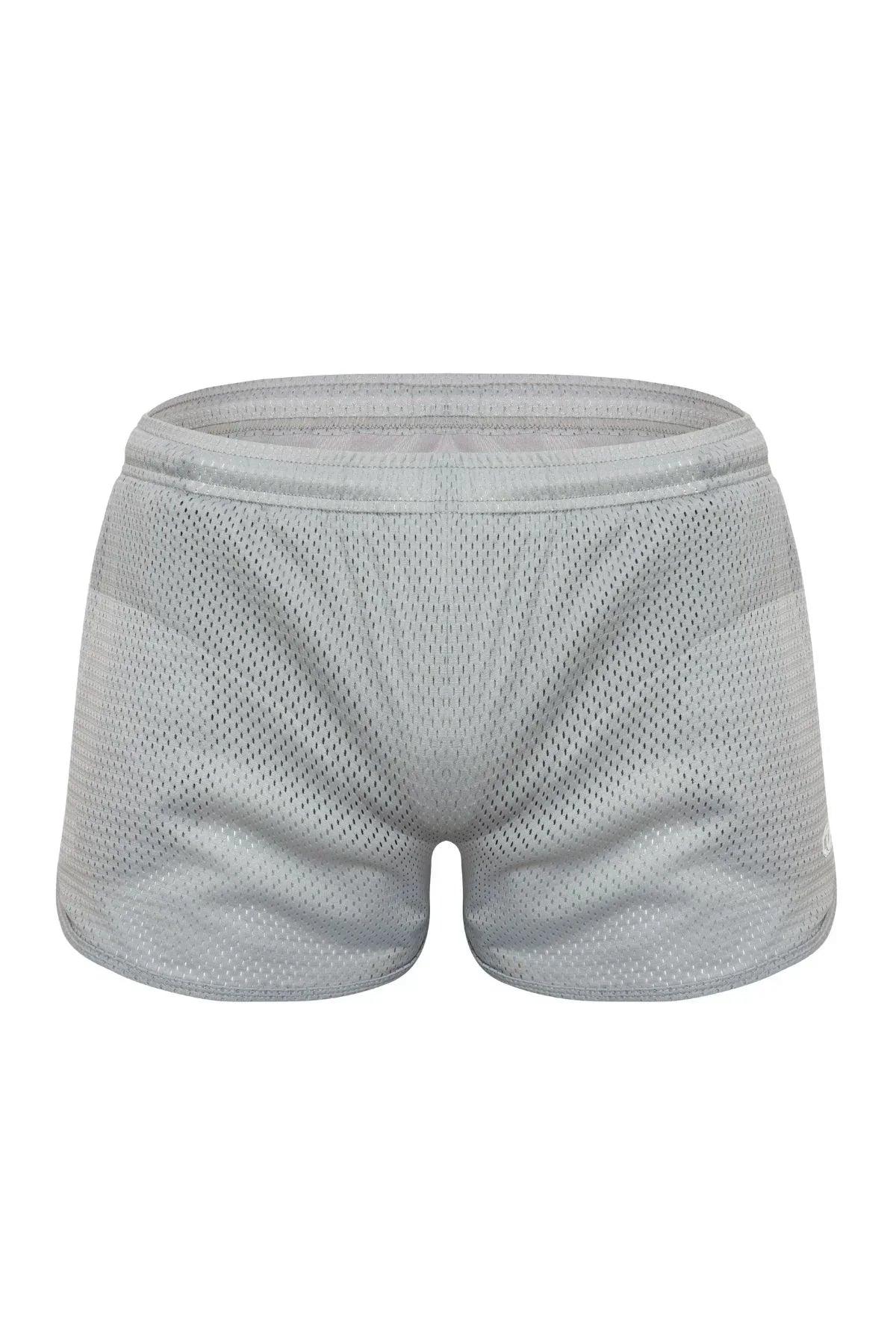 Steel grey mesh sport shorts for men, breathable athletic activewear front view
