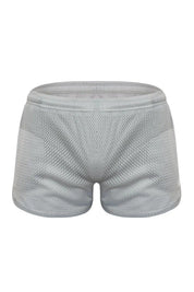 Steel grey mesh sport shorts for men, breathable athletic activewear front view