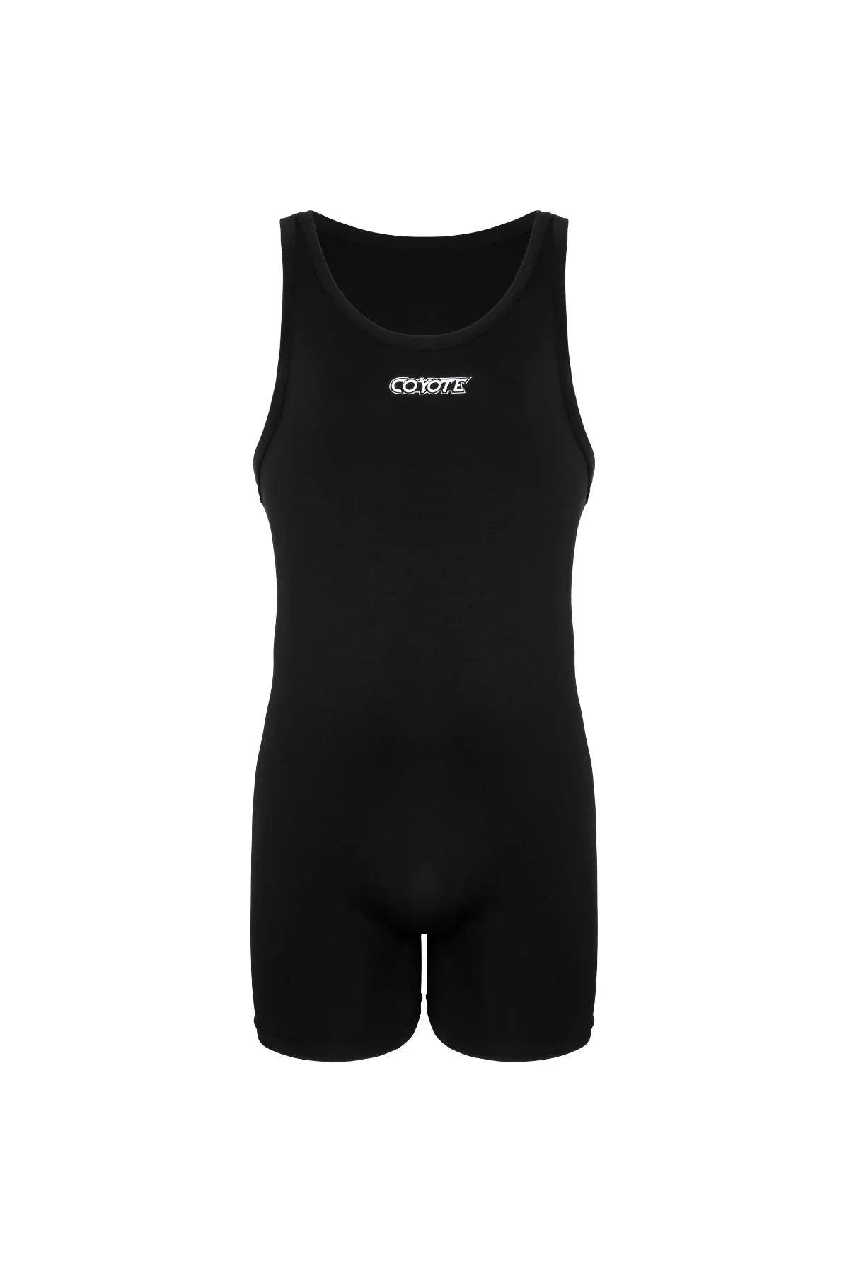 Black men's sport singlet with sleeveless design and white logo on chest