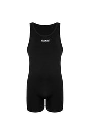 Black men's sport singlet with sleeveless design and white logo on chest