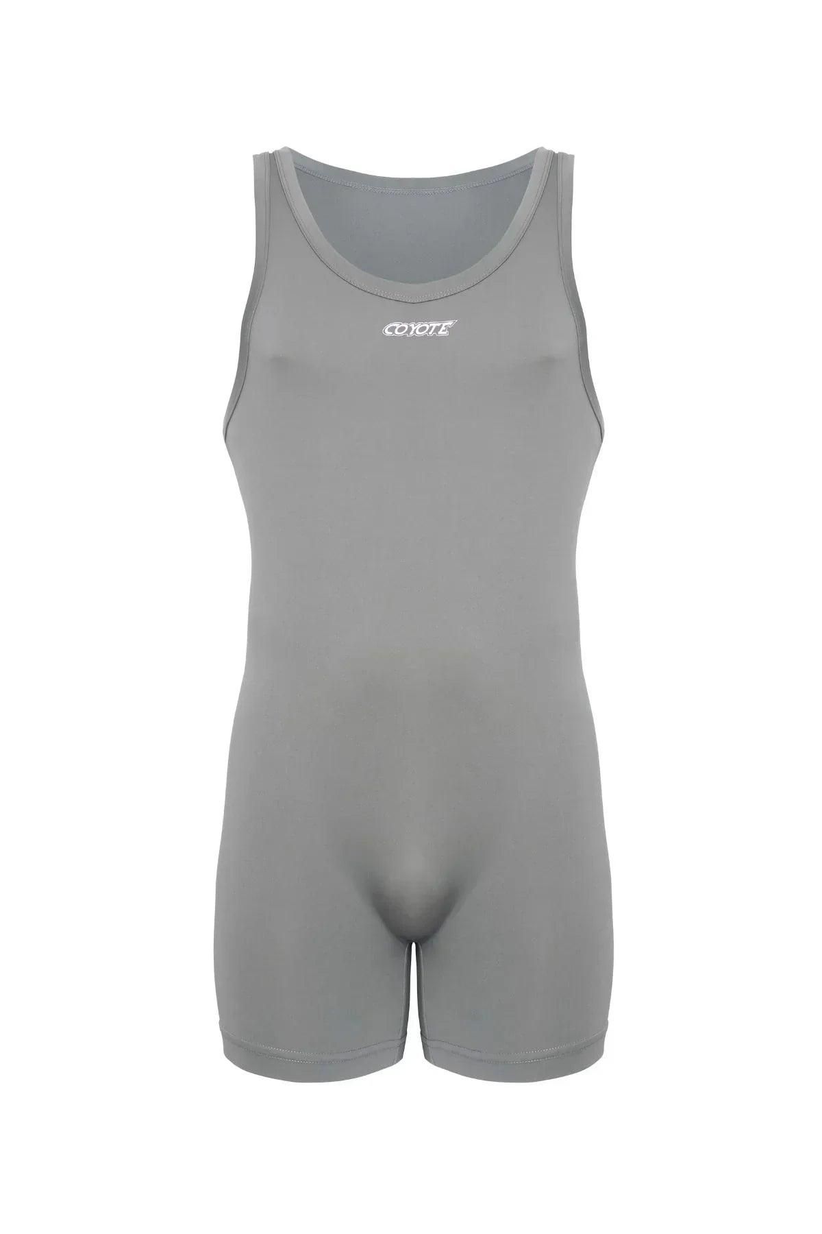 Steel grey men's sport singlet with sleeveless design and front logo, athletic fit.