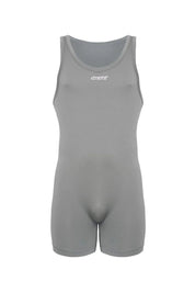 Steel grey men's sport singlet with sleeveless design and front logo, athletic fit.