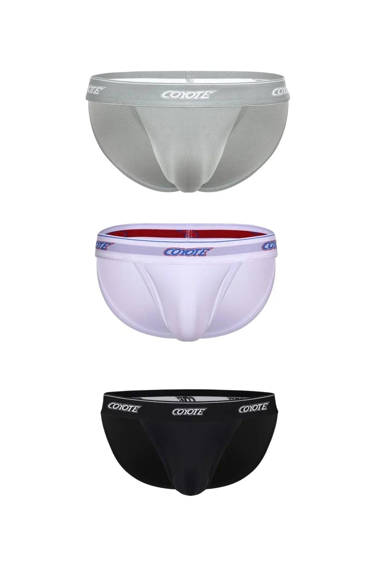 Three men's sports briefs in grey, white, and black with branded waistbands, front view.