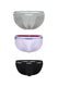 Three men's sports briefs in grey, white, and black with branded waistbands, front view.