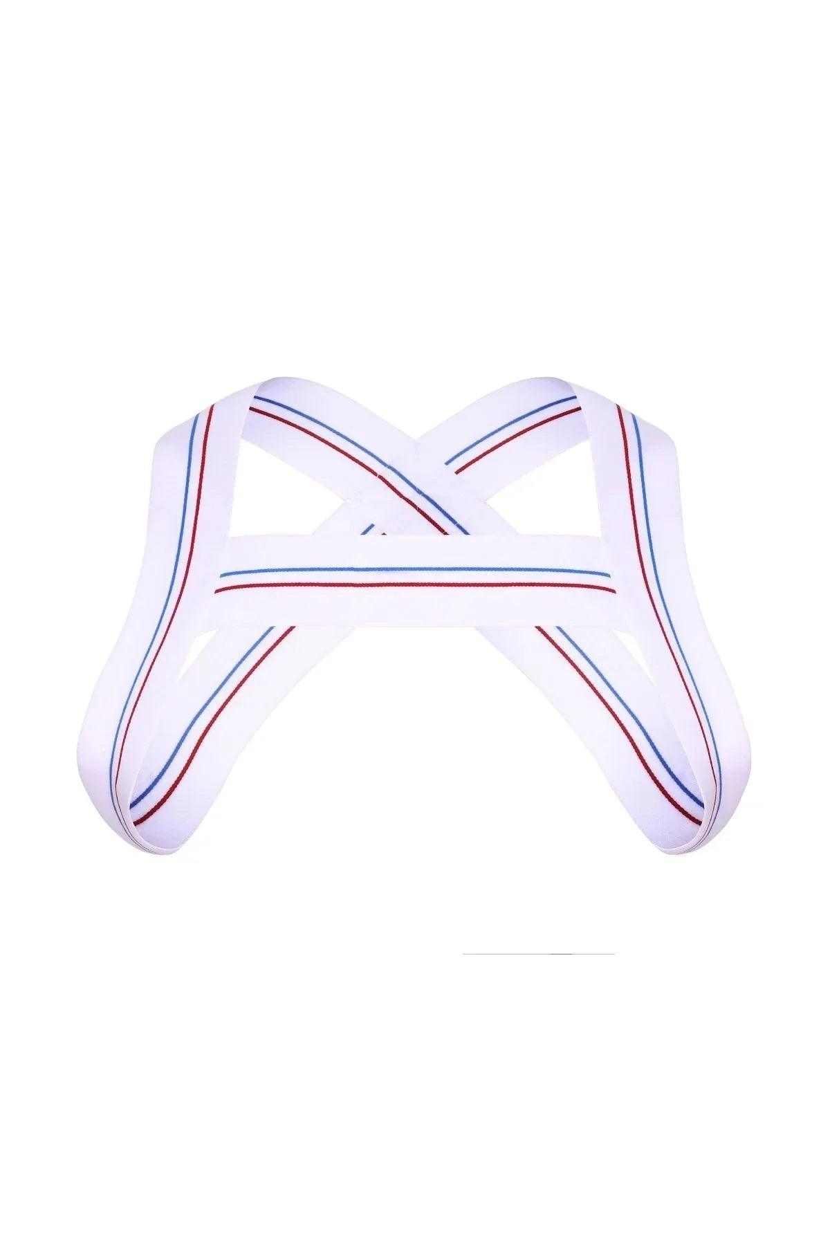 White elastic chest harness with red and blue stripes, laid flat on white background