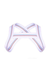 White elastic chest harness with red and blue stripes, laid flat on white background