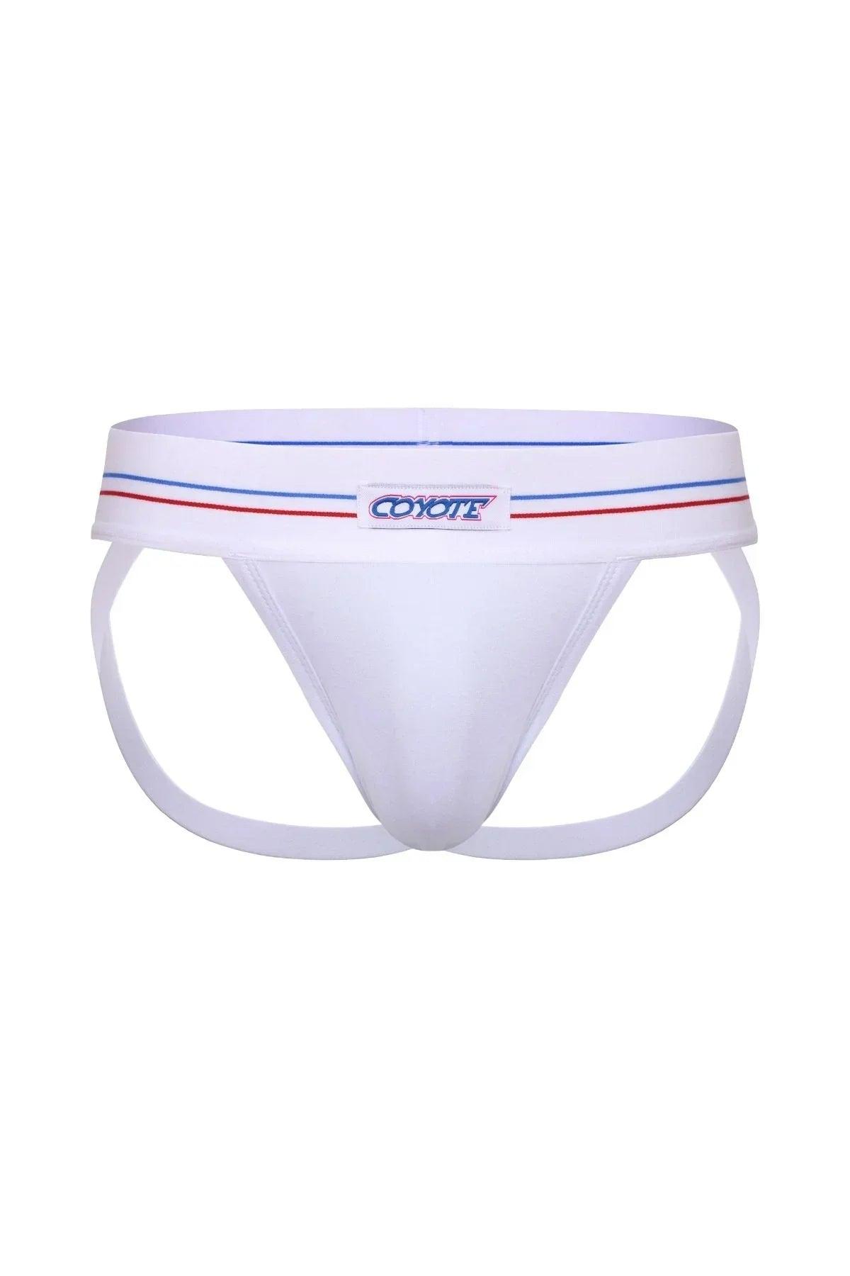 White men's jockstrap underwear with red and blue stripes on waistband, sporty design.
