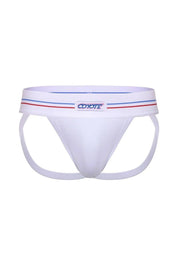 White men's jockstrap underwear with red and blue stripes on waistband, sporty design.