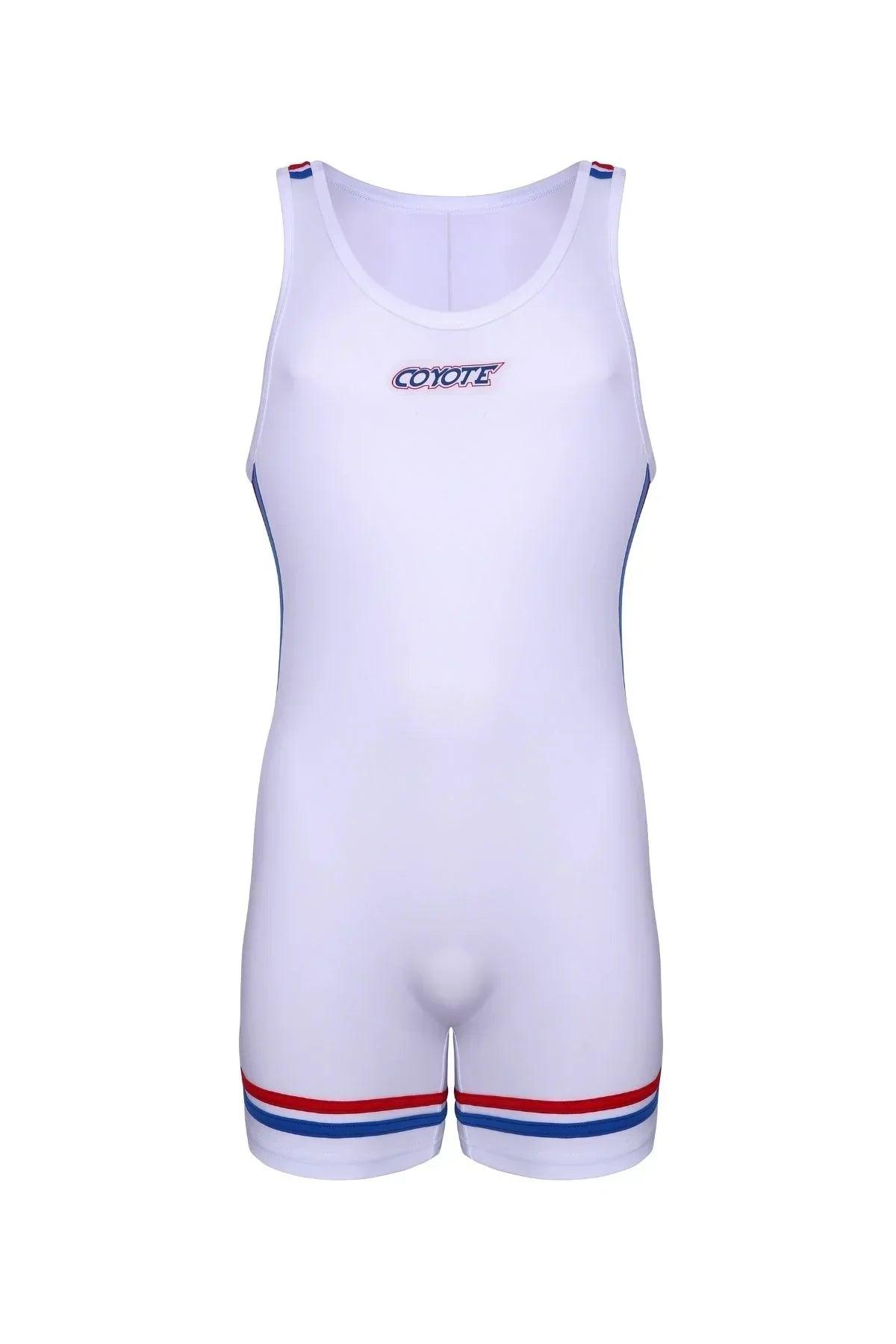 White men's singlet bodysuit with red and blue trim, athletic fit, front logo, sporty style