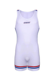 White men's singlet bodysuit with red and blue trim, athletic fit, front logo, sporty style