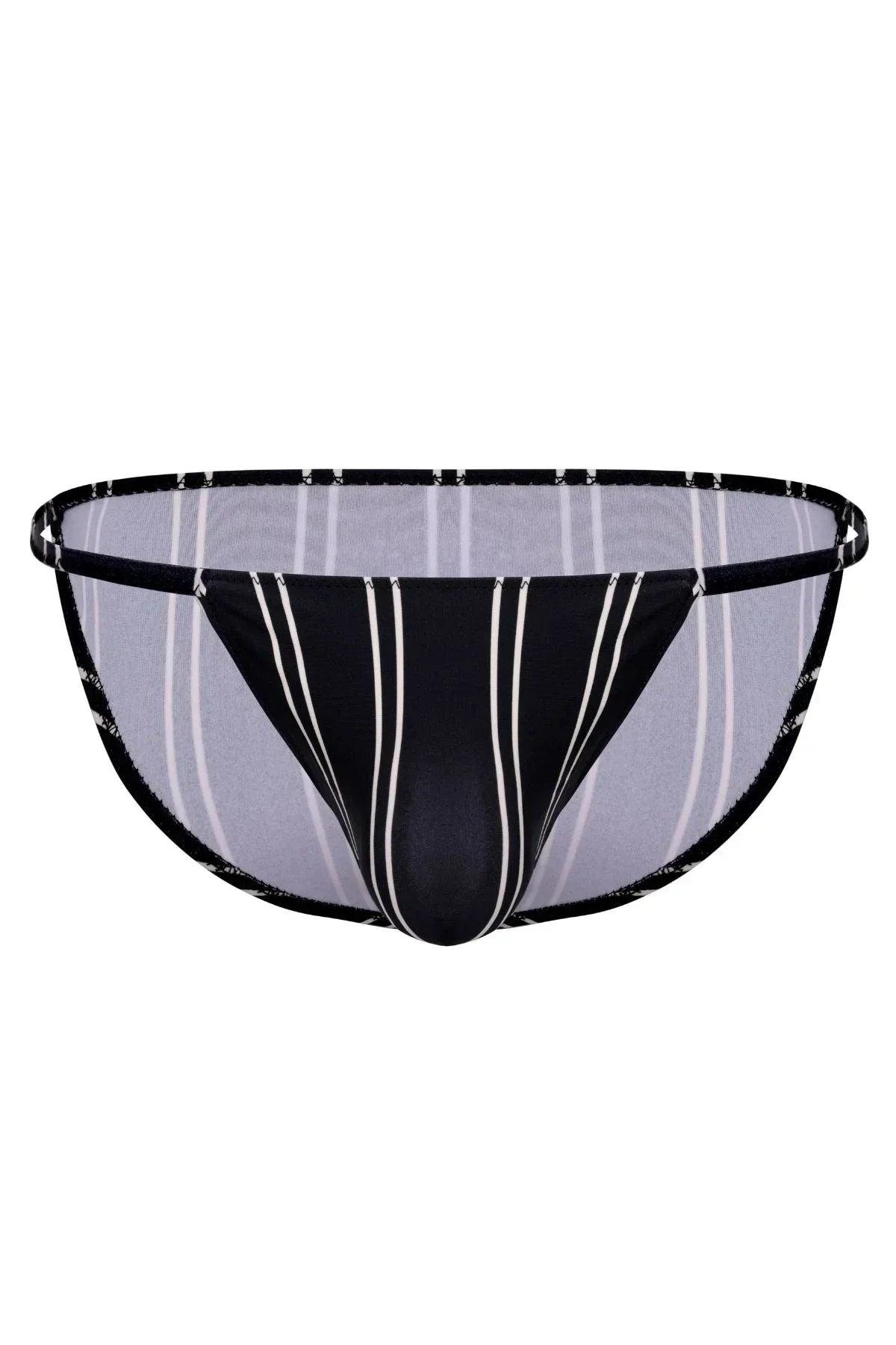Black and white striped men's swim sport brief with contour pouch and minimal coverage