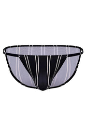 Black and white striped men's swim sport brief with contour pouch and minimal coverage