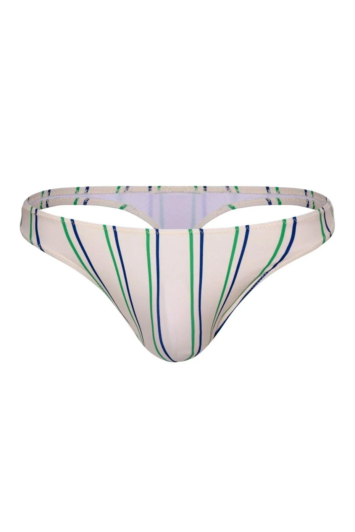 Men's aqua swim thong with blue and green vertical stripes, minimal coverage design