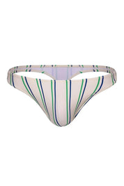 Men's aqua swim thong with blue and green vertical stripes, minimal coverage design