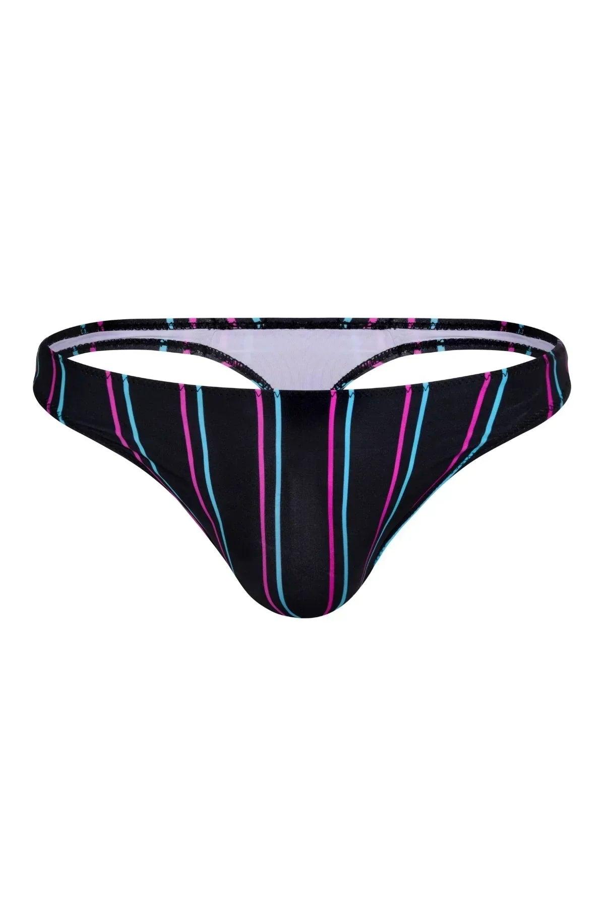 Men's black swim thong with neon pink and blue stripes, cutout waistband, front view