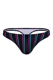 Men's black swim thong with neon pink and blue stripes, cutout waistband, front view