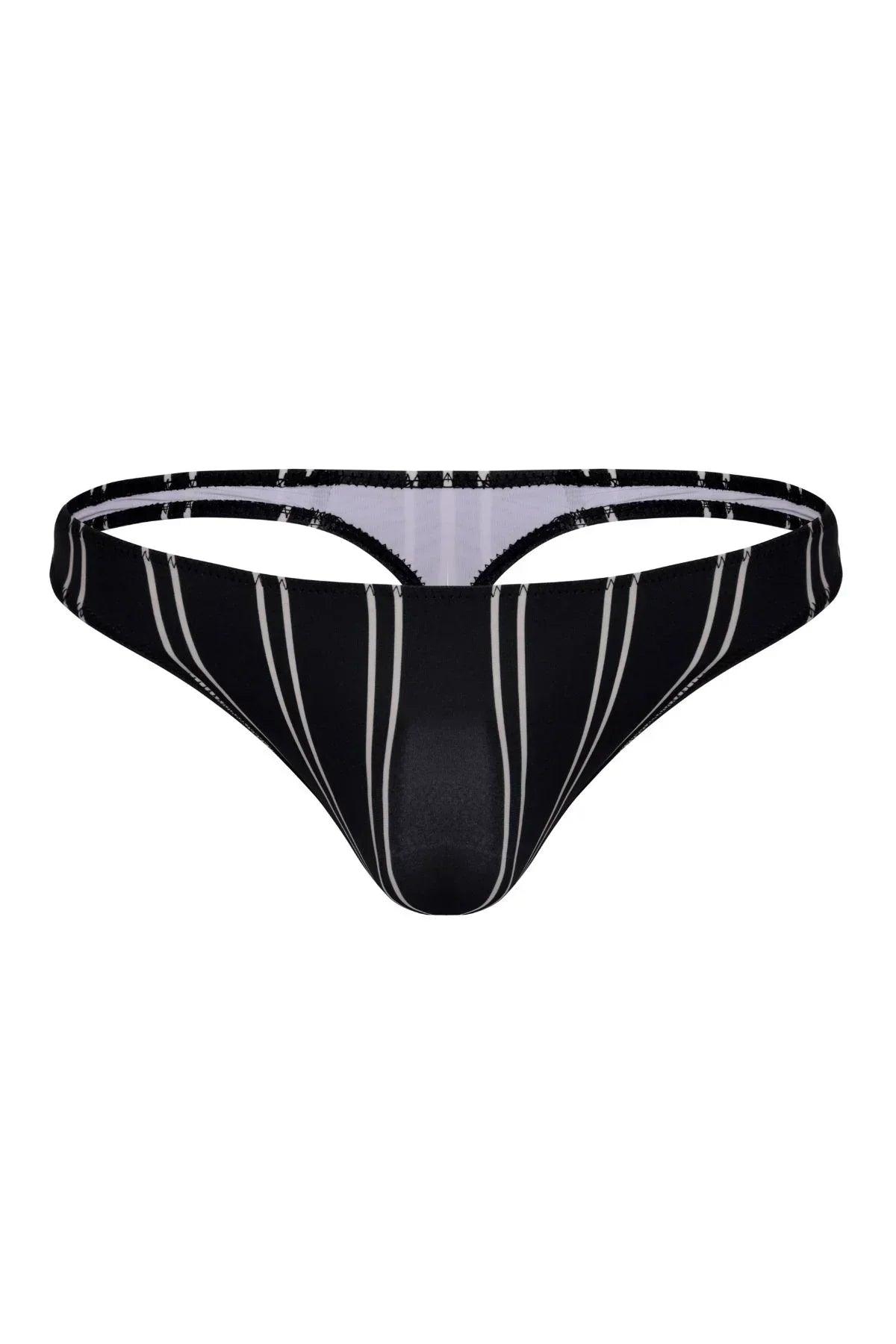 Black men’s swim thong with white vertical stripes, front view, minimal swimwear