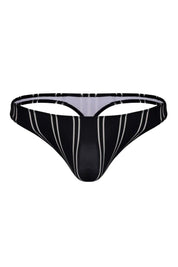 Black men’s swim thong with white vertical stripes, front view, minimal swimwear